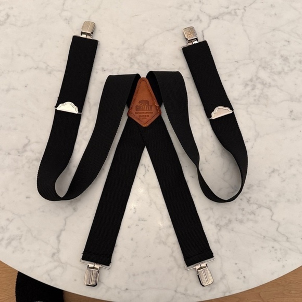 Grizzly Men’s Black Y-Back Suspenders Leather Patch Made in USA